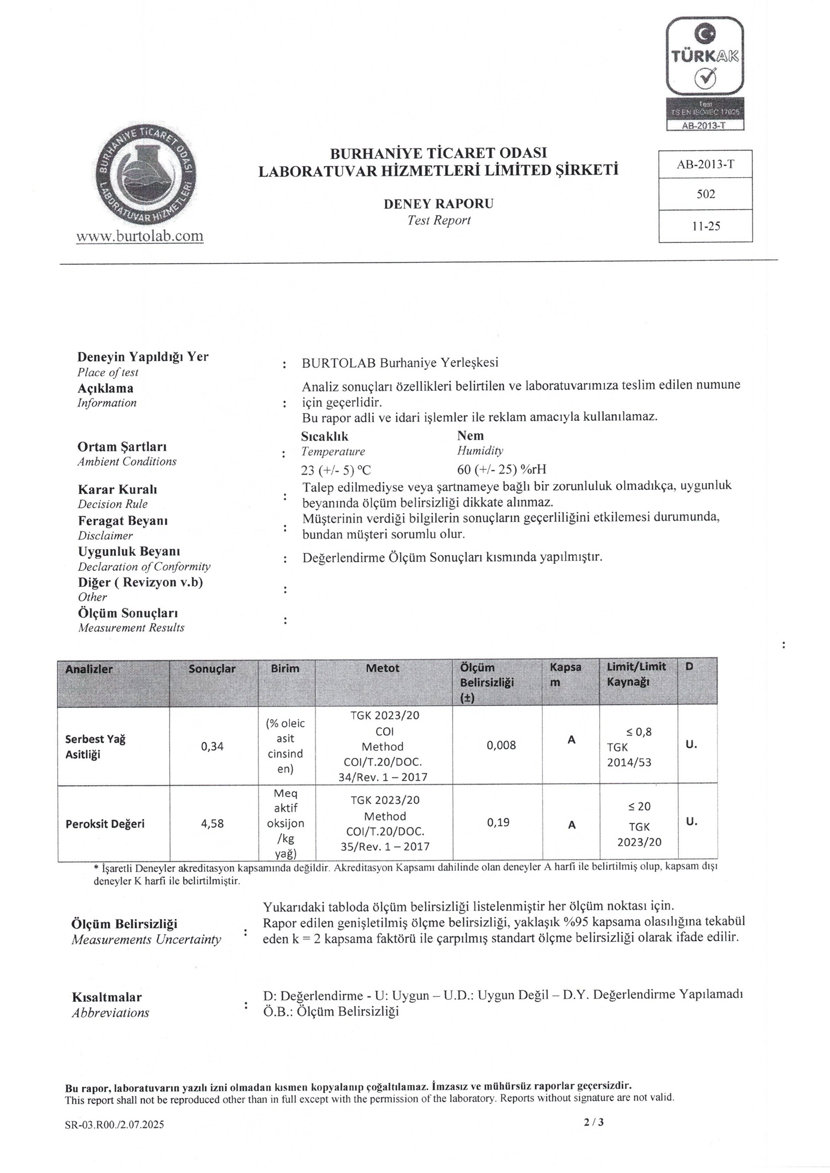 Zeytinyağı analiz raporu