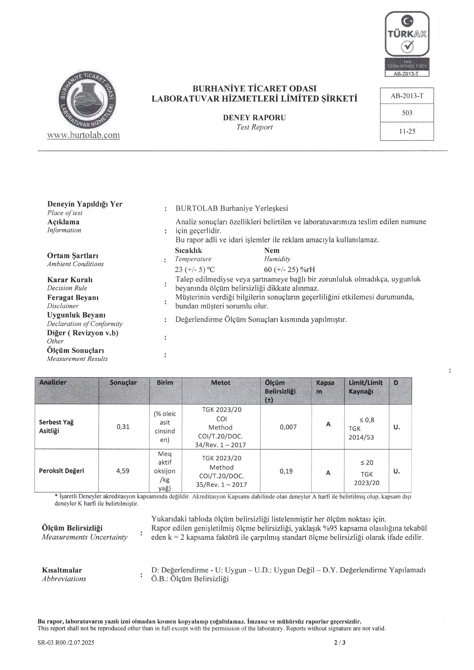Özel Seri Zeytinyağı analiz raporu
