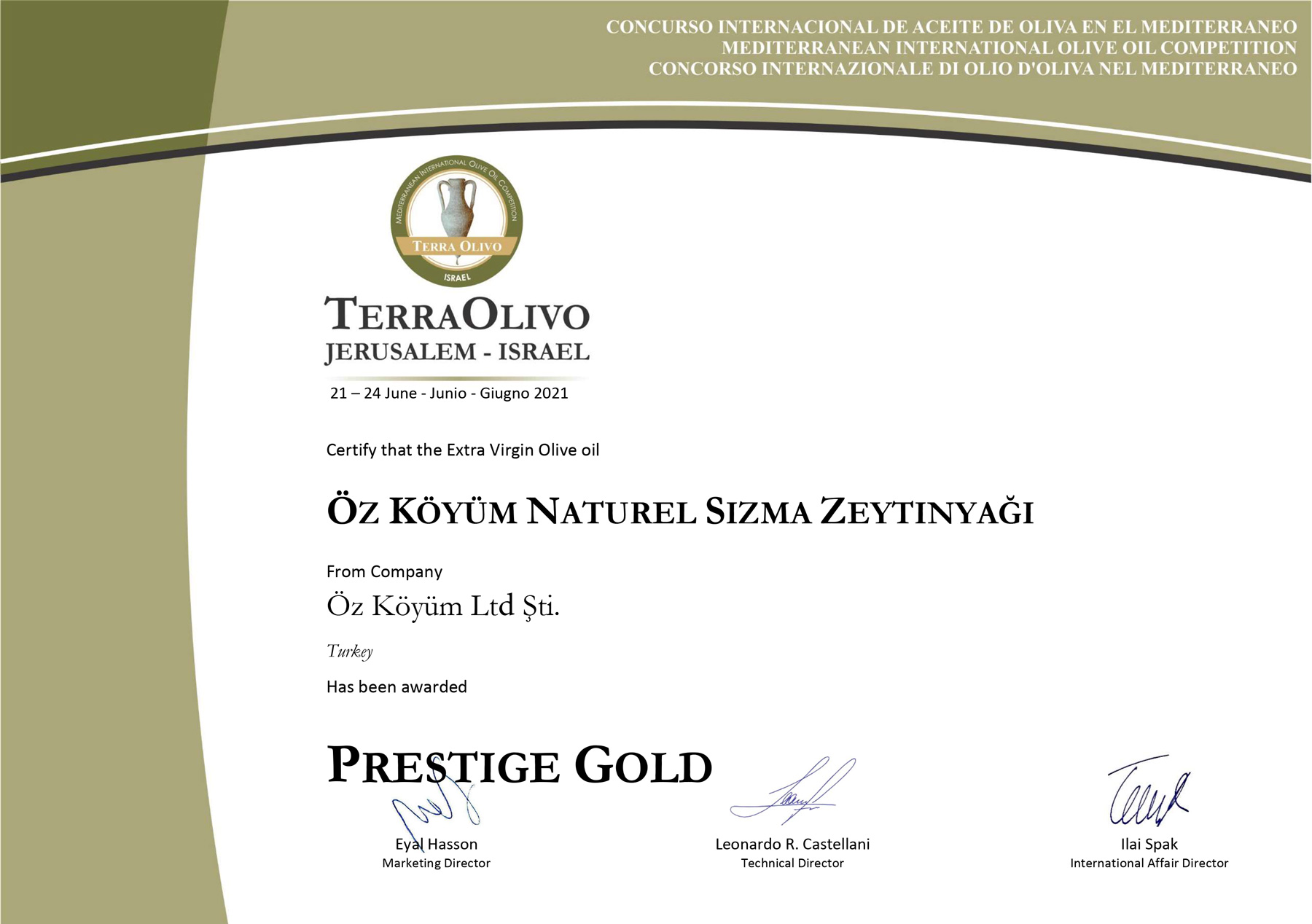 İsrail - Terraolivo IOOC - 2021 Altın Madalya